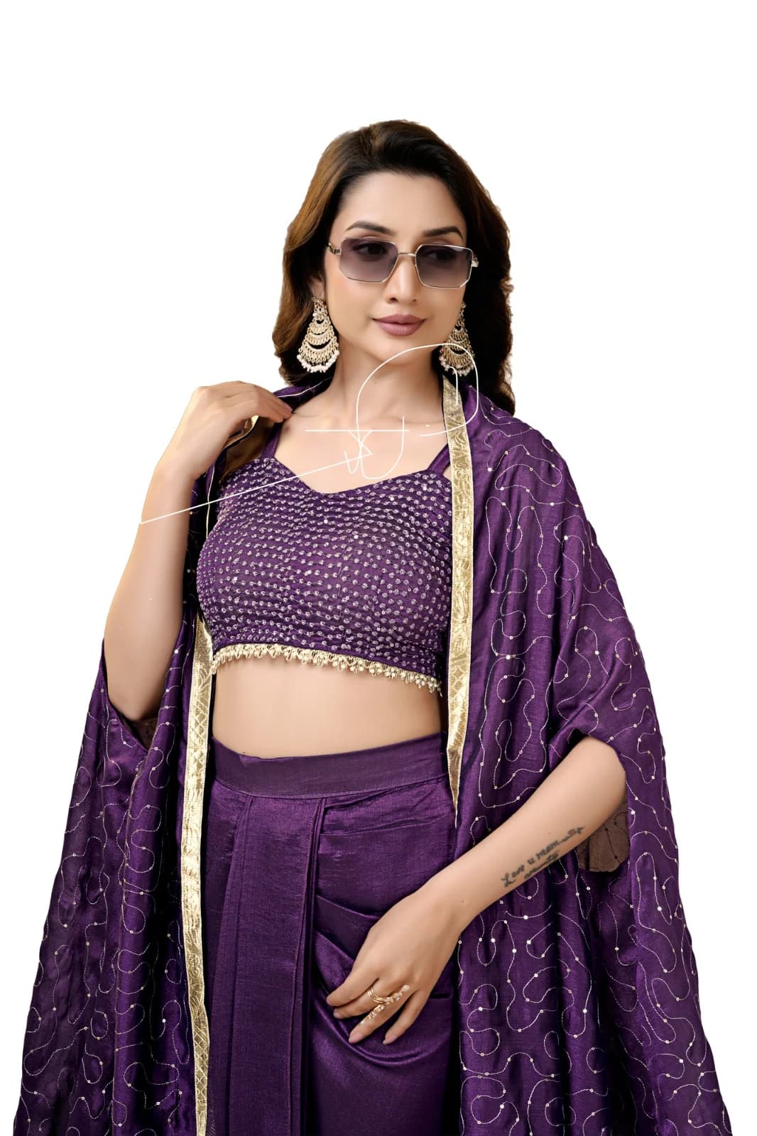 Elegant Wine Vichitra Dhoti Choli Set with Floral Sequence Work & Shrug Dupatta