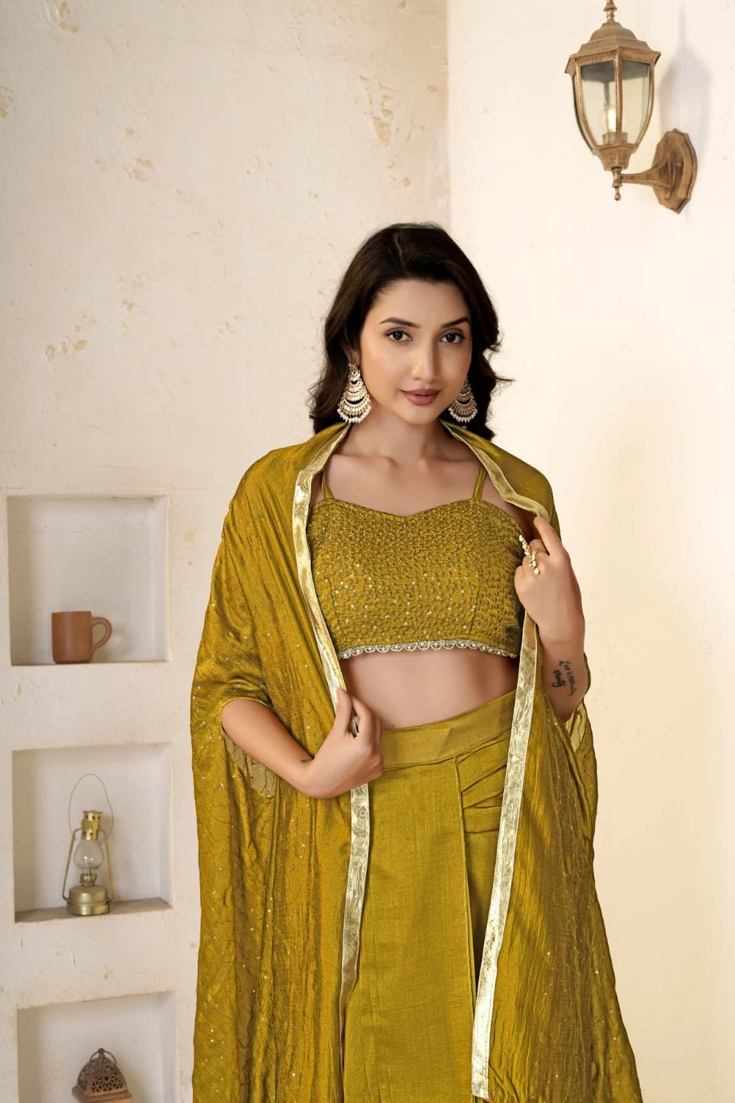 Women's Mustard Velvet Dhoti Choli Set with Sequined Shrug & Embroidered Sleeveless Blouse