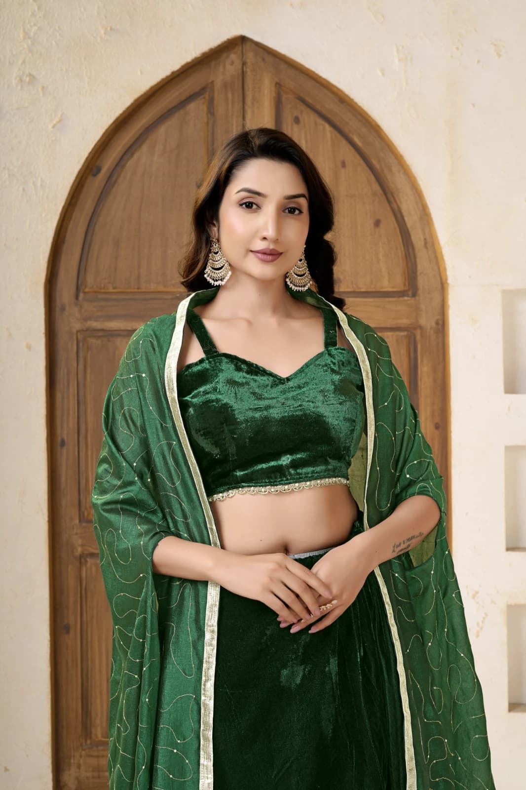 Women's Elegant Green Velvet Dhoti Choli Set with Sequined Shrug & Sleeveless Blouse
