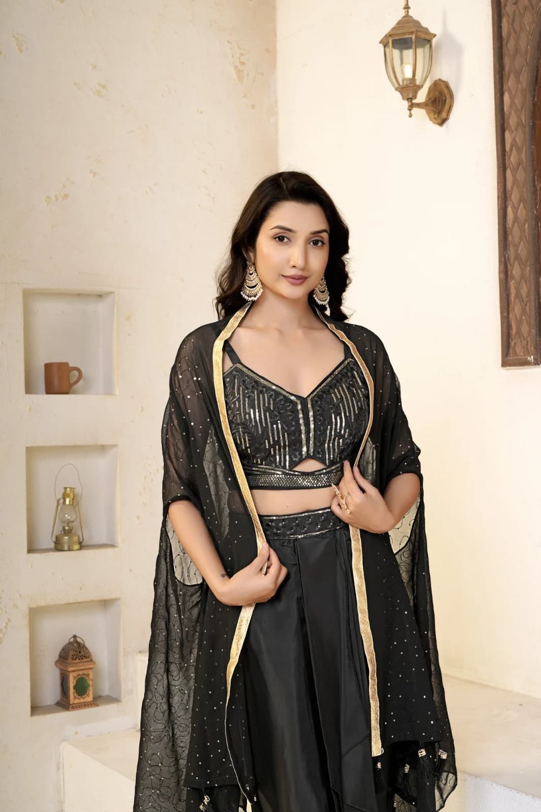 Women's Elegant Black Velvet Dhoti Choli Set with Sequined Shrug & Embroidered Sleeveless Blouse