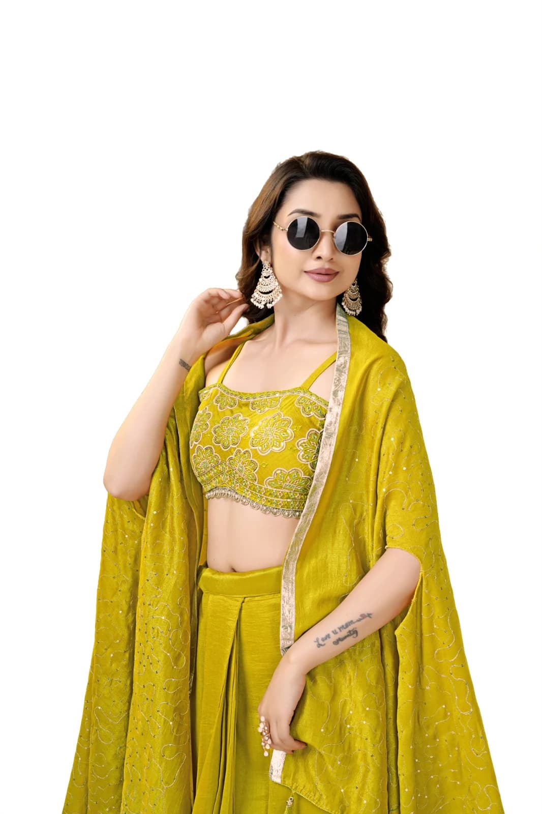 Elegant Yellow Dhoti Choli Set with Floral Sequence Work & Shrug Dupatta