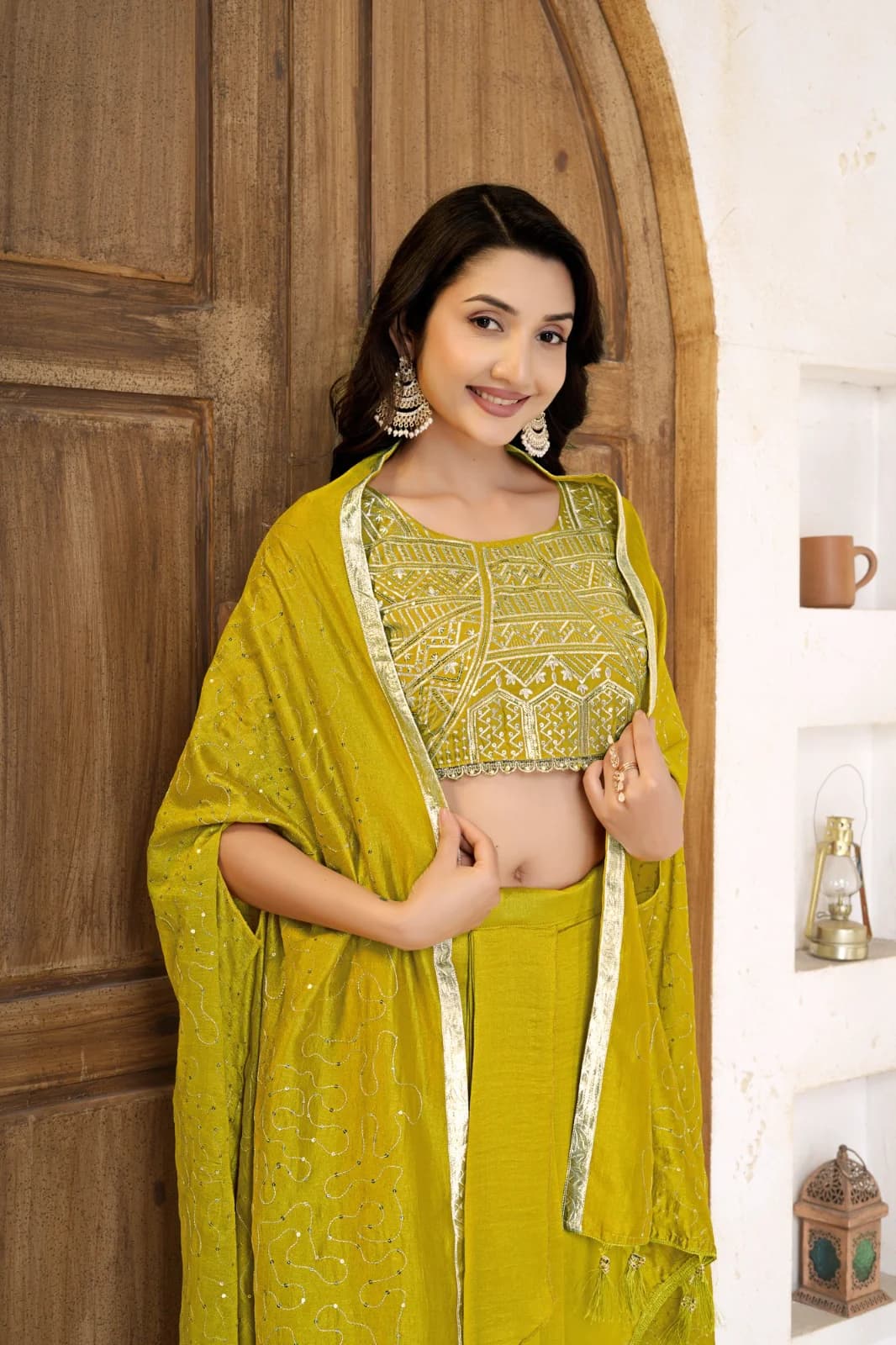 Radiant Yellow Velvet Dhoti Choli Set with Sequined Shrug Dupatta