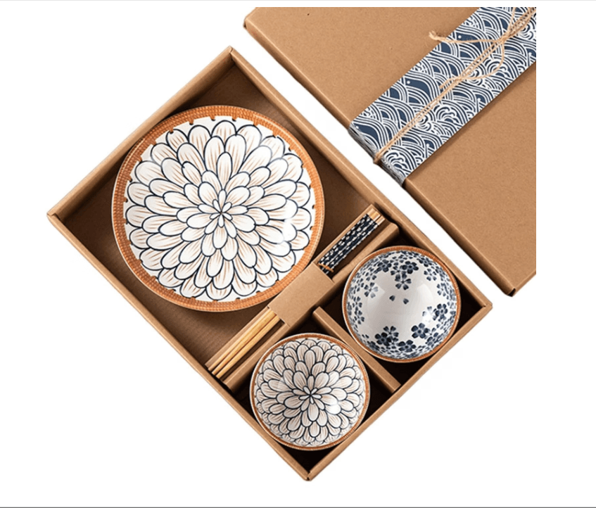 Japanese Style Ceramic Dinnerware Set – 2 Bowls, 1 Plate & 1 Pair Chopsticks