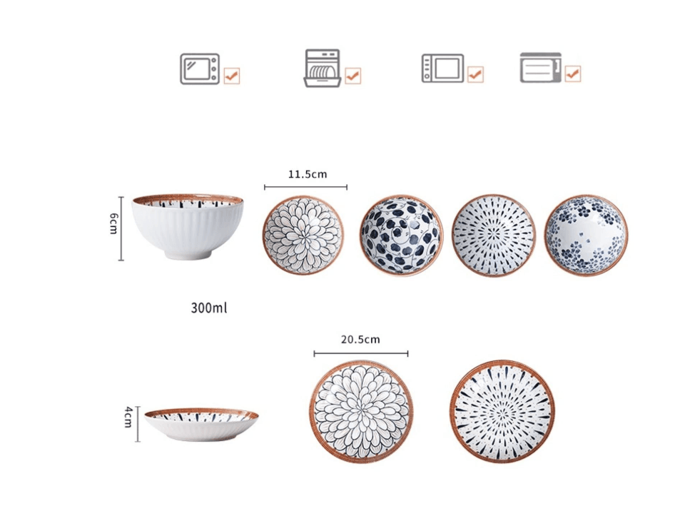 300 ml Ceramic Bowl & Plate Dinnerware Set of 14 – 4 Bowls, 2 Plates, 4 Spoons & 4 Chopsticks
